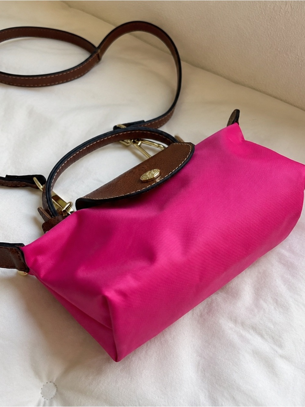Longchamp Mini Crossbody in Fuchsia with Brown Leather Trim - Picture 4 of 4